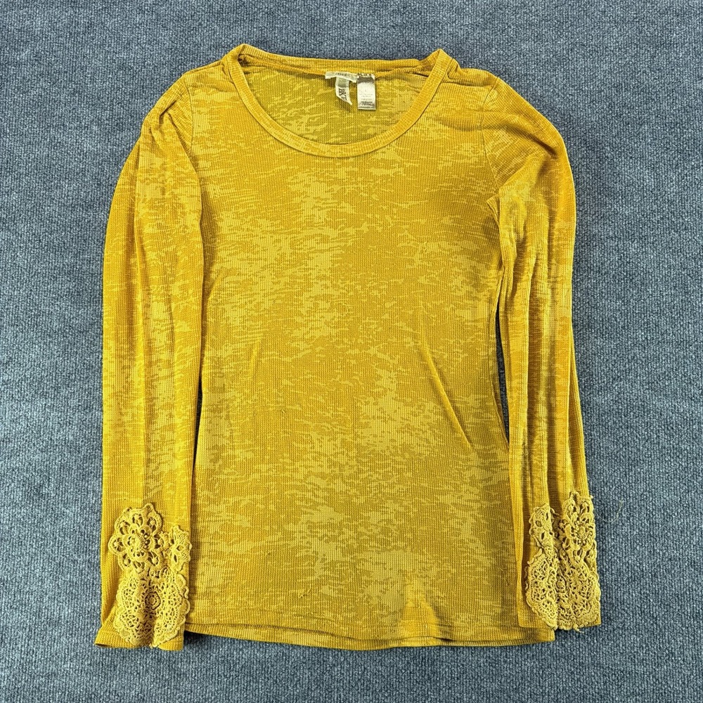 BKE Eased Mustard Yellow Burnout Long Sleeve Crochet Lace Cuff Top‎ Large Y2K